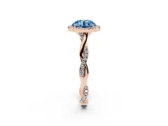 Fancy Blue Round Cut Diamond Halo Twist Band Solitaire Ring Set in Rose gold with Prong Setting