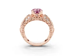 Fancy Pink Round Cut Diamond Art Deco Ring Set in Rose gold with Pavé Split Shank