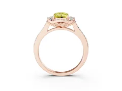 Fancy Yellow Emerald Cut Diamond Halo Ring Set in Rose gold with Pavé-Lined Shoulders and Prong Setting