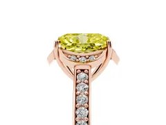 Fancy Yellow Radiant Cut Diamond Halo Ring Set in Rose gold with Channel Set Band and Prong Setting
