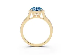 Fancy Blue Round Cut Diamond Halo Engagement Ring Set in Yellow gold with Round Pavé Shoulders and Heart Gallery