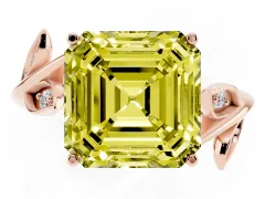 Fancy Yellow Asscher Cut Diamond Solitaire Twist Engagement Ring Set in Rose gold with Pavé Leaf Accents