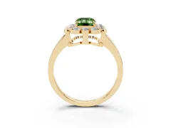 Fancy Green Emerald Cut Diamond Halo Cluster Engagement Ring Set in Yellow gold with Solitaire Band and Prong Setting