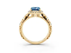 Fancy Blue Cushion Cut Diamond Halo Ring Set in Yellow gold with Filigree Leaf Band and Prong Setting