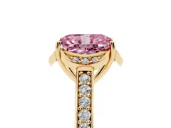 Fancy Pink Radiant Cut Diamond Halo Ring Set in Yellow gold with Channel Set Band and Prong Setting