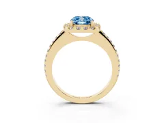 Fancy Blue Cushion Cut Diamond Pavé Halo Ring Set in Yellow gold with Prong Setting