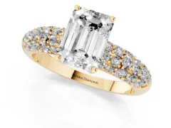 Emerald Cut Diamond Pavé Band Solitaire Ring Set in Yellow gold with Close-Set Accent Stones and Prong Setting