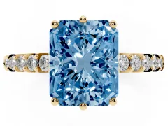 Fancy Blue Radiant Cut Diamond Solitaire Engagement Ring Set in Yellow gold with Pavé Band and Prong Setting