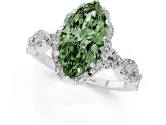 Fancy Green Marquise Cut Diamond Halo Twist Band Solitaire Ring Set in Silver with Prong-Set Center Stone