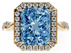 Fancy Blue Radiant Cut Diamond Halo Twist Band Solitaire Ring Set in Yellow gold with Prong Setting