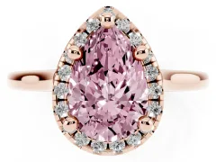 Fancy Pink Pear Cut Diamond Halo Engagement Ring Set in Rose gold with Pavé Band and Rising Shoulders