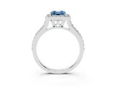 Fancy Blue Asscher Cut Diamond Halo Engagement Ring Set in White gold with Round Pavé Shoulders and Heart Gallery