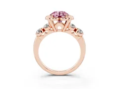 Fancy Pink Round Cut Diamond Floral Halo Ring Set in Rose gold with Shared Prong Band