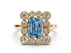 Fancy Blue Emerald Cut Diamond Cluster Halo Ring Set in Yellow gold with Milgrain Bezel Accents and Plain Band