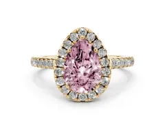 Fancy Pink Pear Cut Diamond Halo Pavé Engagement Ring Set in Yellow gold with Prong Setting