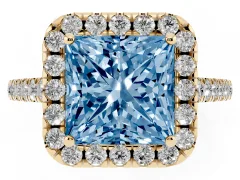 Fancy Blue Princess Cut Diamond Halo Pavé Engagement Ring Set in Yellow gold with Prong Setting