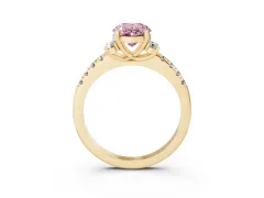 Fancy Pink Oval Cut Diamond Three-Stone Pavé Ring Set in Yellow gold with Prong Setting