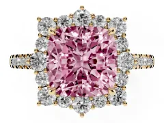 Fancy Pink Cushion Cut Diamond Halo Ring Set in Yellow gold with Pavé Band and Prong Setting