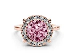 Fancy Pink Round Cut Diamond Cluster Halo Solitaire Ring Set in Rose gold with Prong Setting