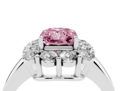 Fancy Pink Radiant Cut Diamond Halo Cluster Engagement Ring Set in Platinum with Polished Band and Prong Setting