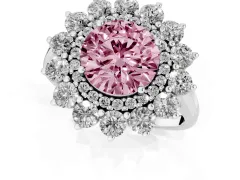 Fancy Pink Round Cut Diamond Floral Double Halo Ring Set in Platinum with Round Petals