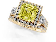 Fancy Yellow Asscher Cut Diamond Halo Split Shank Ring Set in Yellow gold with Round Accent Stones and Prong Setting