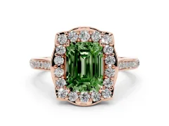 Fancy Green Emerald Cut Diamond Halo Ring Set in Rose gold with Pavé-Lined Shoulders and Prong Setting