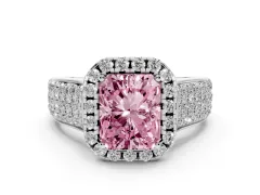 Fancy Pink Radiant Cut Diamond Halo Ring Set in Silver with Pavé Band and Raised Center Setting