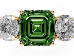 Fancy Green Asscher Cut Diamond Three-Stone Ring Set in Yellow gold with Round Side Stones and Classic Band
