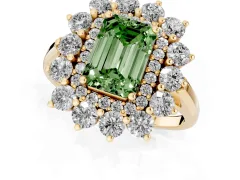 Fancy Green Emerald Cut Diamond Floral Double Halo Ring Set in Yellow gold with Round Petals