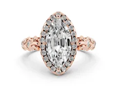 Marquise Cut Diamond Halo Ring Set in Rose gold with Filigree Leaf Band and Prong Setting