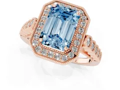 Fancy Blue Emerald Cut Diamond Milgrain Halo Solitaire Ring Set in Rose gold with Bezel Set Side Stones and Pavé Band