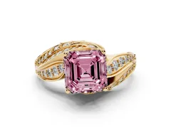 Fancy Pink Asscher Cut Diamond Solitaire Ring Set in Yellow gold with Layered Twist Pavé Band