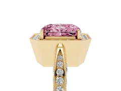 Fancy Pink Radiant Cut Diamond Halo Engagement Ring Set in Yellow gold with Accent Split Shank Band