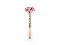Fancy Pink Round Cut Diamond Solitaire Ring Set in Rose gold with Pavé Band and Floral Prong Setting