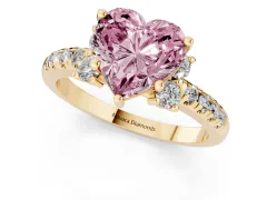 Fancy Pink Heart Cut Diamond Three-Stone Pavé Ring Set in Yellow gold with Prong Setting