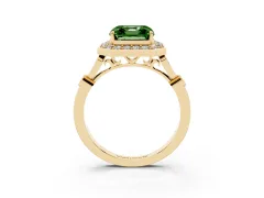 Fancy Green Asscher Cut Diamond Halo Engagement Ring Set in Yellow gold with Twisted Band and Prong Setting