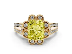 Fancy Yellow Radiant Cut Diamond Floral Halo Split Shank Engagement Ring Set in Yellow gold with Pavé Shank