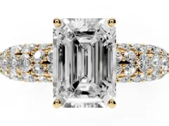 Emerald Cut Diamond Pavé Band Solitaire Ring Set in Yellow gold with Close-Set Accent Stones and Prong Setting