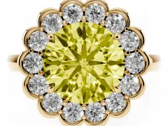 Fancy Yellow Round Cut Diamond Halo Cluster Engagement Ring Set in Yellow gold with Solitaire Band and Prong Setting