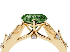 Fancy Green Heart Cut Diamond Solitaire Ring Set in Yellow gold with Leaf Motif Band