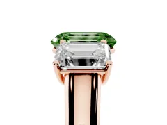 Fancy Green Emerald Cut Diamond Three-Stone Ring Set in Rose gold with Plain Polished Band