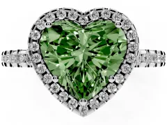 Fancy Green Heart Cut Diamond Halo Ring Set in White gold with Pavé Shoulders and Halo-Framed Center