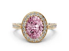 Fancy Pink Oval Cut Diamond Halo Engagement Ring Set in Yellow gold with Accent Split Shank Band