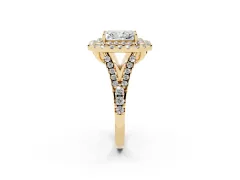 Radiant Cut Diamond Double Halo Ring Set in Yellow gold with Pavé Split Shank and Prong Setting