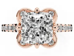 Cushion Cut Diamond Solitaire Ring Set in Rose gold with Pavé Band and Floral Prong Setting