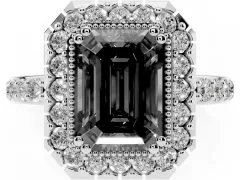 Fancy Black Emerald Cut Diamond Halo Ring Set in Platinum with Pavé Shank and Prong Setting