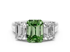 Fancy Green Emerald Cut Diamond Three-Stone Ring Set in Platinum with Plain Polished Band