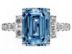 Fancy Blue Emerald Cut Diamond Three-Stone Pavé Ring Set in Silver with Prong Setting