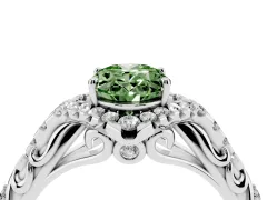 Fancy Green Oval Cut Diamond Solitaire Ring Set in White gold with Hidden Halo and Pavé Band
